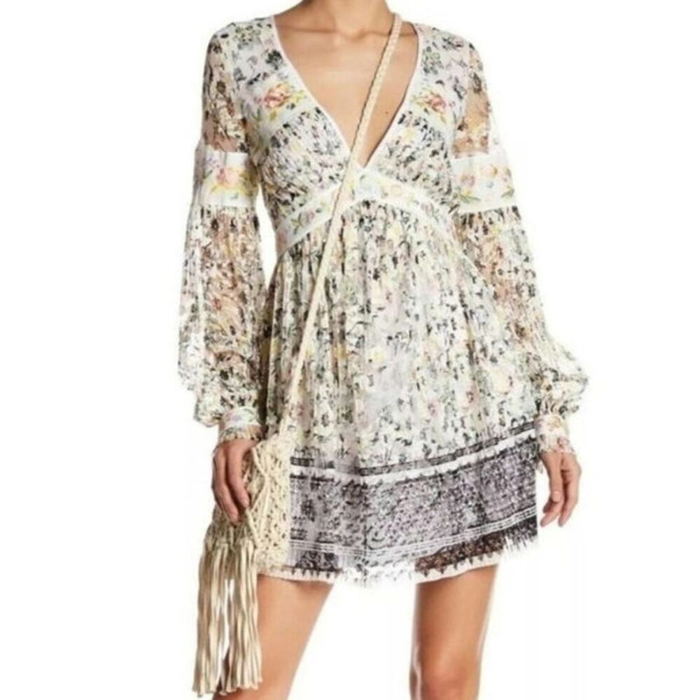 Free People Soli Plunge Long Sleeve Floral Lace Embroidered Mini Dress XS S